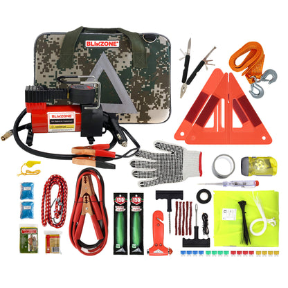 Blikzone Car Emergency Safety Kit Camo- All Items Packed in the Kit-View from above