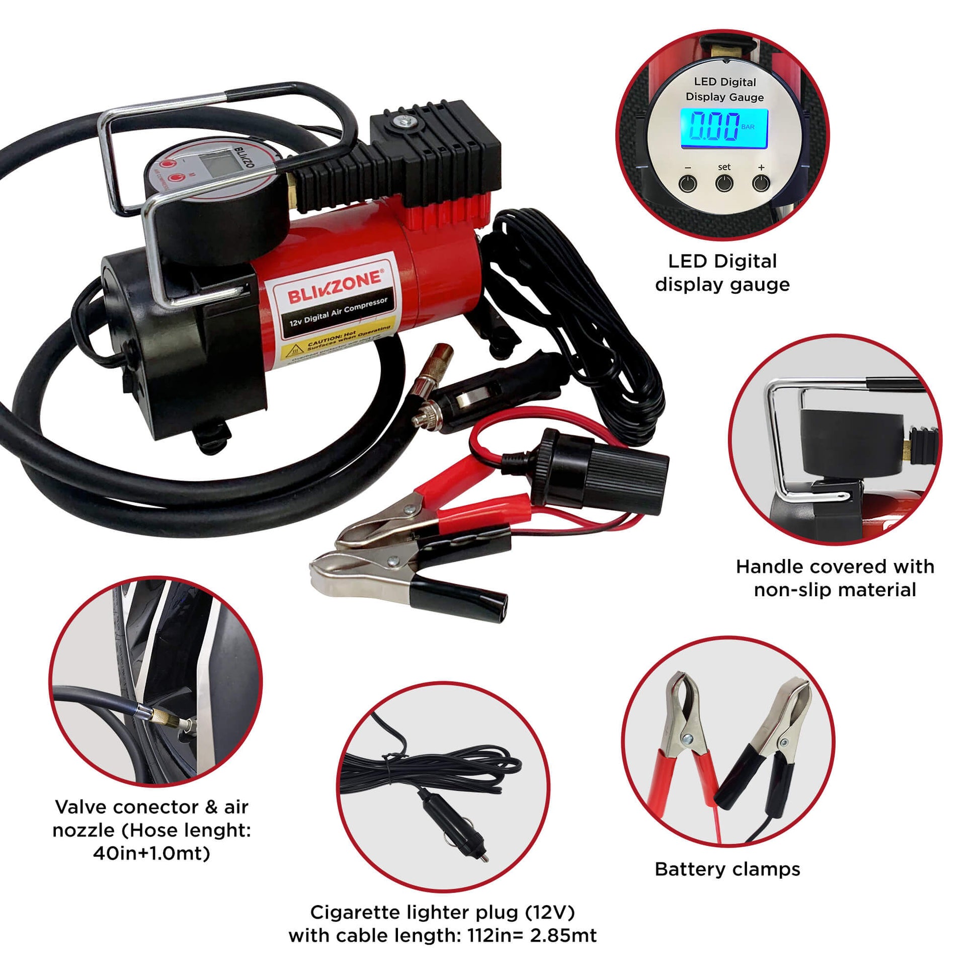 Blikzone Car Emergency Safety Kit Red- Digital Air Compressor for Car Featurespressor for Car Features